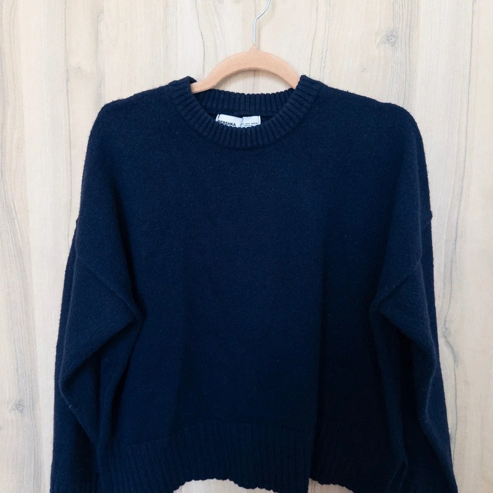 Womens Wool‎ Sweater Small Navy Crewneck Oversized Cropped Boxy Preppy Classic